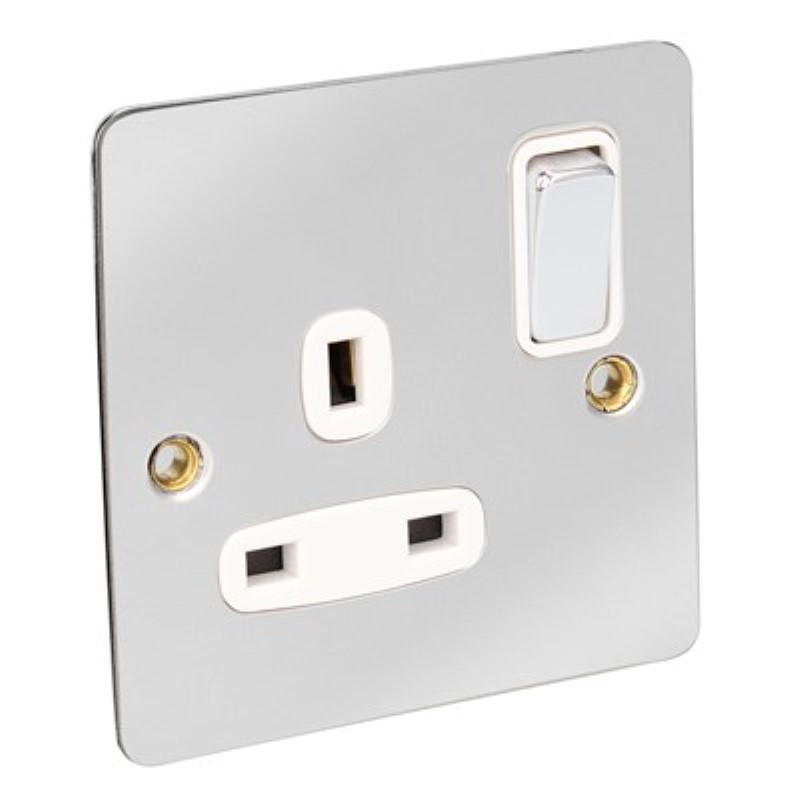 Flat Plate 13Amp 1 Gang Switched Socket Single Pole *Chrome/Whit - Click Image to Close